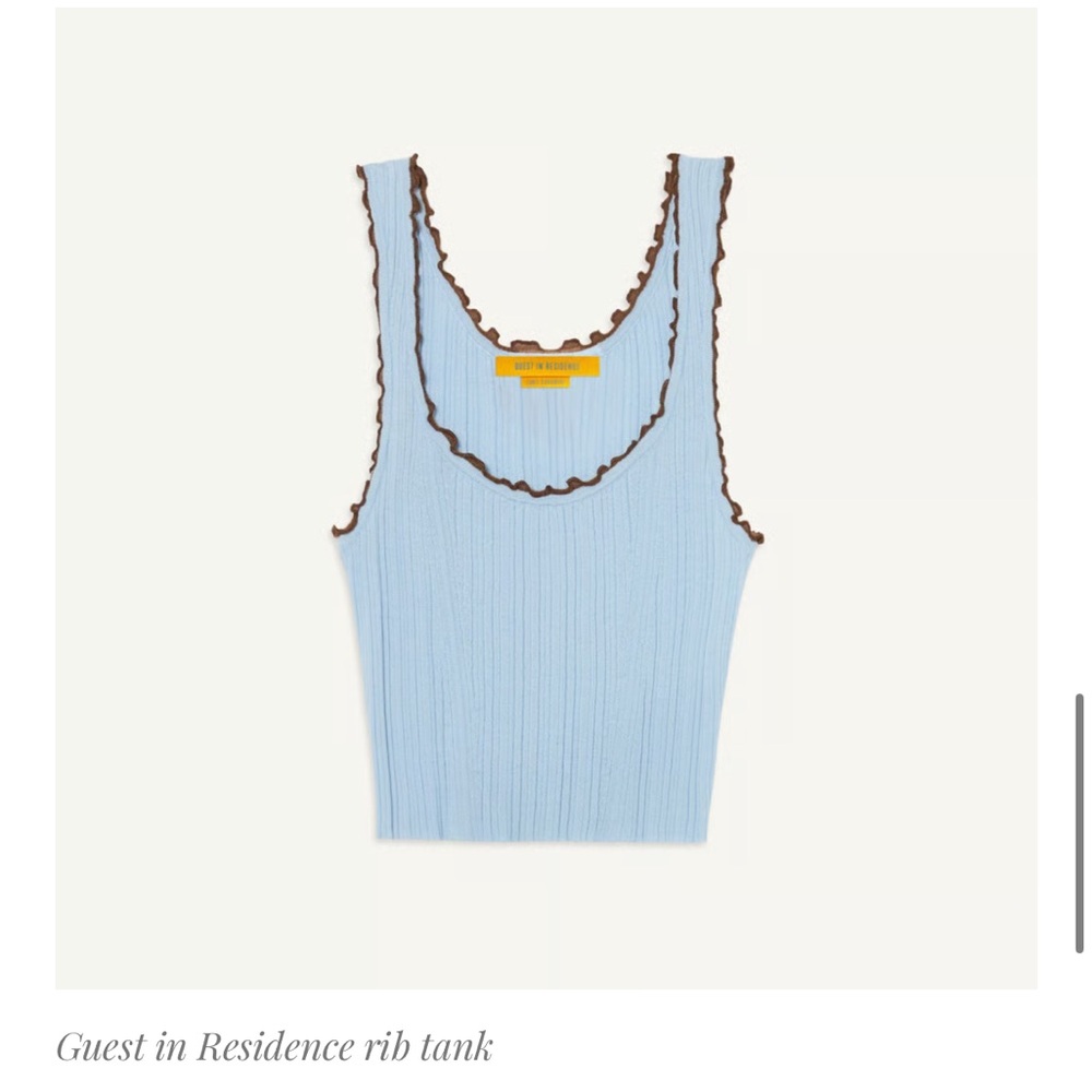 Guest in Residence Light Blue Ribbed Tank with Brown Lettuce Trim
